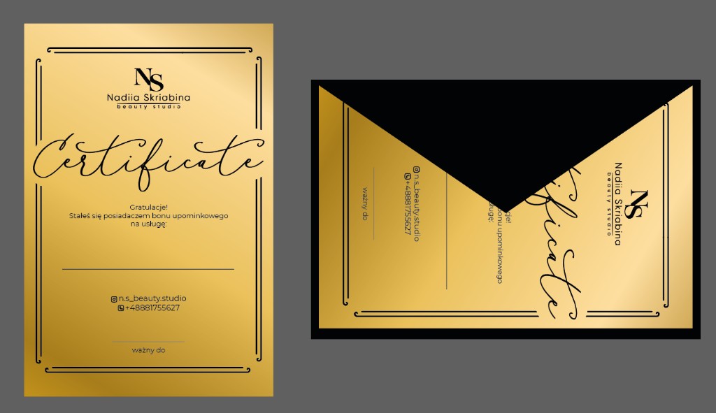 Przykład złotego bonu podarunkowego N.S. Beauty Studio